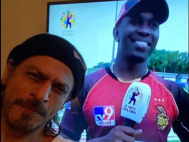 Shah Rukh Khan celebrates in front of his TV as Trinbago Knight Riders win the CPL 2020.