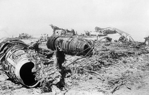 This file photograph taken on September 7, 1970, shows wreckage of the Swissair, TWA and BOAC aircraft in Zarka (Dawson's Field) in the Jordanian desert, which were hijacked September 6 and 9 1970 by the Popular Front for the Liberation of Palestine (PFLP), leading to the events of "Black September" in which thousands of Palestinans died and others were expelled from Jordan to Lebanon. On September 17, 1970, the Jordanian army launched a massive offensive to regain control of the territories held by Palestinian fighters. This bloody "Black September" led to the elimination of Palestinian resistance from the Hashemite kingdom. 