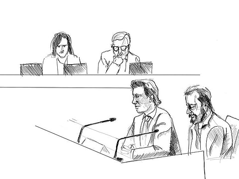 A court sketch by artist Johan Hallnas shows the defendant Daniel Nyqvist (front right), accused of double murder commited in 2004, and his attorney Johan Ritzer (front left) at the Linkoping district court, Sweden, on September 15, 2020. 