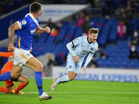 Timo Werner, Chelsea's mega bucks recruit from RB Leipzig, being brought down by the Brighton goalkeeper Mat Ryan during their Premiership tie on Monday. Chelsea converted the resultant penalty and won their opening game 3-1.