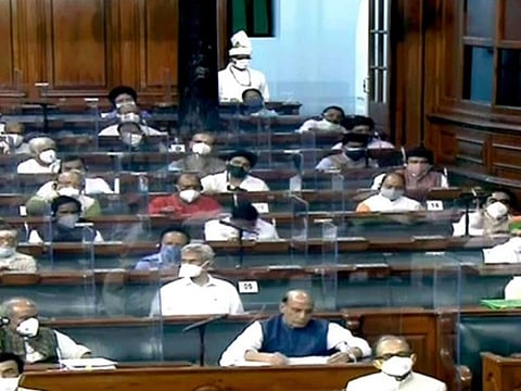 A general view of Lok Sabha as Defence Minister Rajnath Singh makes a statement on India-China border issue, during the Monsoon Session of the Parliament in New Delhi on Tuesday. 