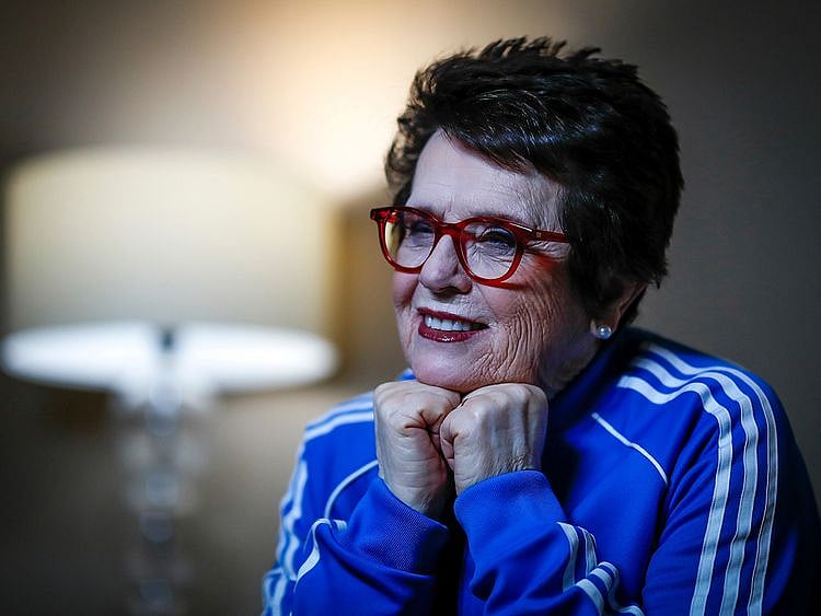 Billy Jean King is seen during an interview behind the scenes of Fed Cup Finals 2020 