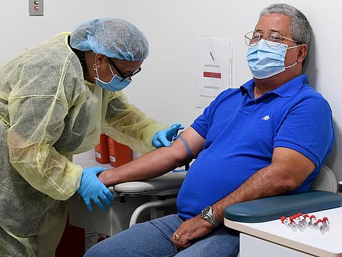 University of Miami Miller School of Medicine phlebotomist Mayra Fernandez prepares to take a blood sample from study participant Julio Li, in Miami. 