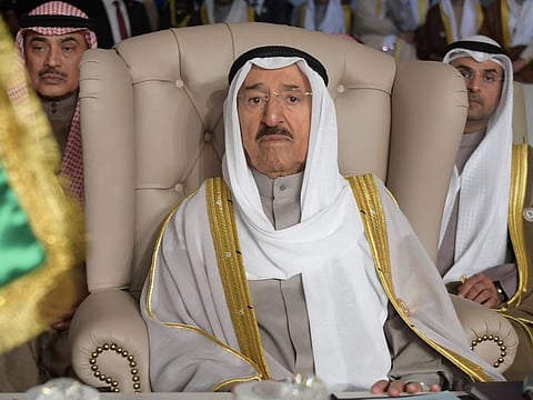 In this March 31, 2019 file photo, Kuwait's emir, Sheikh Sabah Al Ahmad Al Sabah, attends the opening of the 30th Arab Summit, in Tunis, Tunisia. The White House said Friday that Trump is awarding the Legion of Merit to Kuwait’s Emir. 