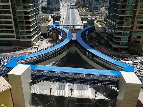 RTA opens a new four-way footbridge in Dubai Marina. It stretches 75 metres and can handle about 8,000 people per hour in all directions 