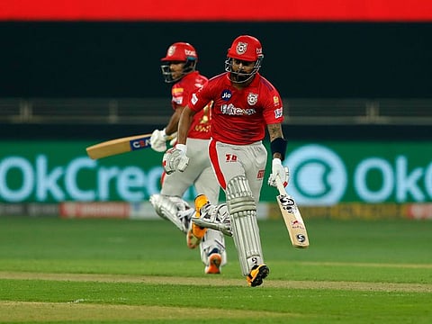 KL Rahul and Mayank Agarwal of Kings XI Punjab running between the wickets.  
