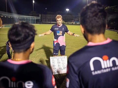 Andrew McDonald explains a point to the Rajasthan Royals players during one of their training sessions in Dubai.