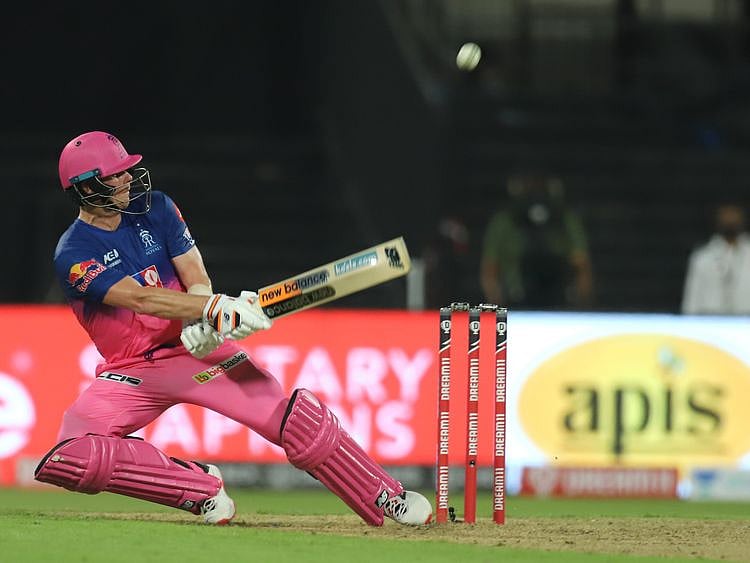 Captain of Rajasthan Royals Steve Smith hits a boundary. 