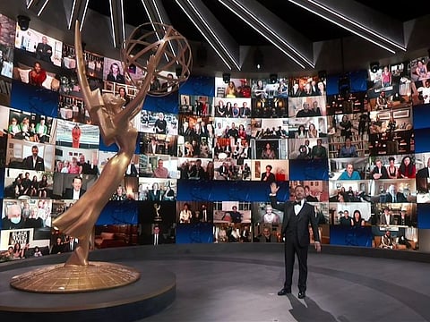 Host Jimmy Kimmel speaks on stage during the 72nd Emmy Awards telecast on Sunday, September 20, 2020.