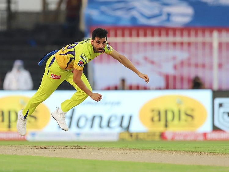 Deepak Chahar of Chennai Super Kings bowls 