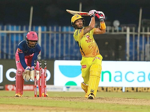 Faf du Plessis of CSK smashes a six. 