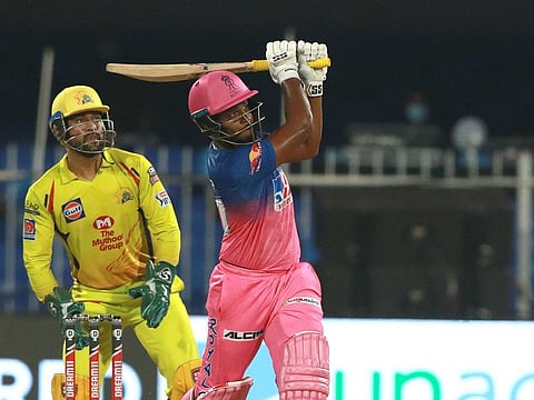 Rajasthan Royals batsman Sanju Samson hits a six during the match against CSK. 