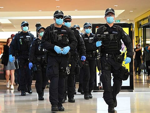 File picture: Victoria Police officers patrol through a shopping centre following an anti-lockdown protest in response to the city's coronavirus disease (COVID-19) restrictions in Melbourne, Australia, September 20, 2020.
