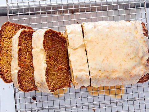 Carrot loaf cake with tangy lemon glaze.