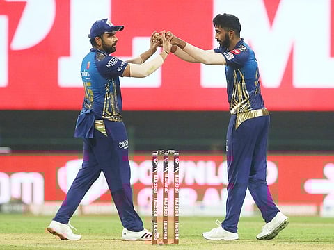 Jasprit Bumrah (right) will be back in Mumbai Indians' crunch game, along with his skipper Rohit Sharma.