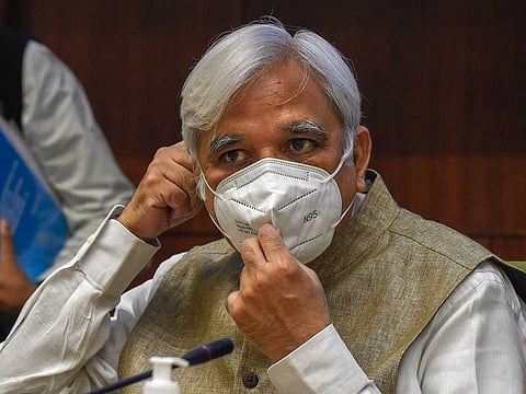 Chief Election Commissioner Sunil Arora wears a mask at a press conference to announce the schedule for Bihar Assembly Elections 2020, at a press conference, in New Delhi, Friday, Sept. 25, 2020. 