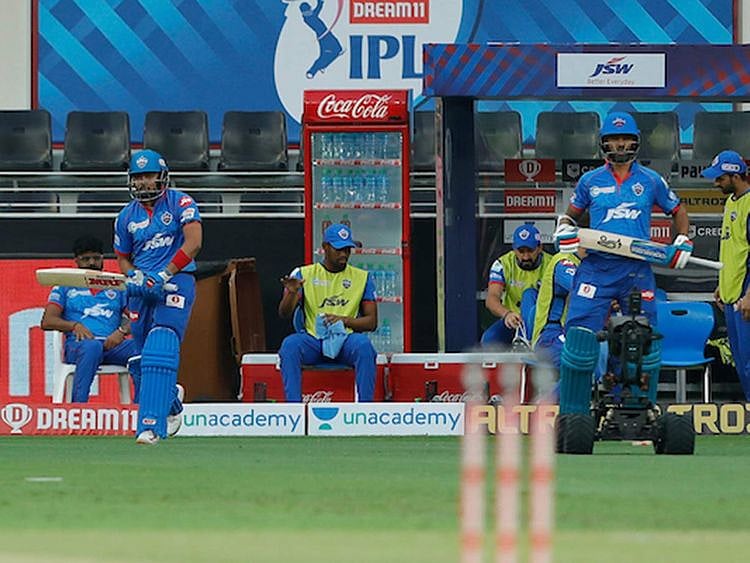 Prithvi Shaw of Delhi Capitals and Shikhar Dhawan of Delhi Capitals entering fop during match 7 of season 13, Dream 11 Indian Premier League (IPL) between Chennai Super Kings and Delhi Capitals held at the Dubai International Cricket Stadium