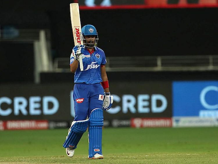 Prithvi Shaw of Delhi Capitals celebrates his fifty during match 7 of season 13 of the Dream 11 Indian Premier League (IPL) between Chennai Super Kings and Delhi Capitals held at the Dubai International Cricket Stadium
