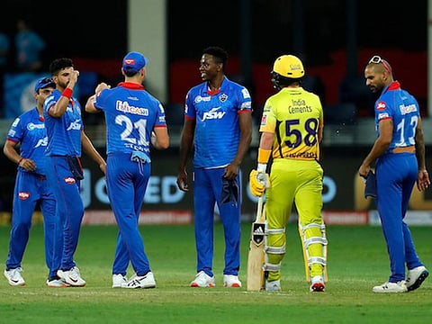 The Delhi Capitals celebrating the win during match 7 of season 13, Dream 11 Indian Premier League (IPL) between Chennai Super Kings and Delhi Capitals held at the Dubai International Cricket Stadium.
