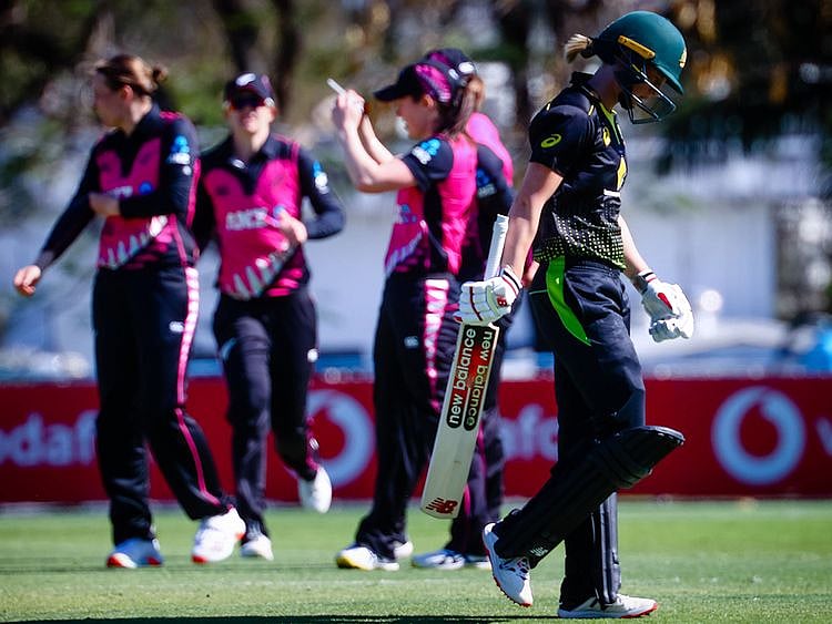 Australian captain Meg Lanning departs after being dismissed during the first T20 against Australia in Brisbane.