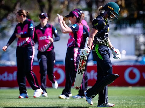 Australian captain Meg Lanning departs after being dismissed during the first T20 against Australia in Brisbane.