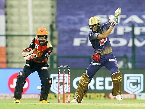 Shubman Gill of Kolkata Knight Riders launches a backfoot drive during IPL 2020 in UAE.
