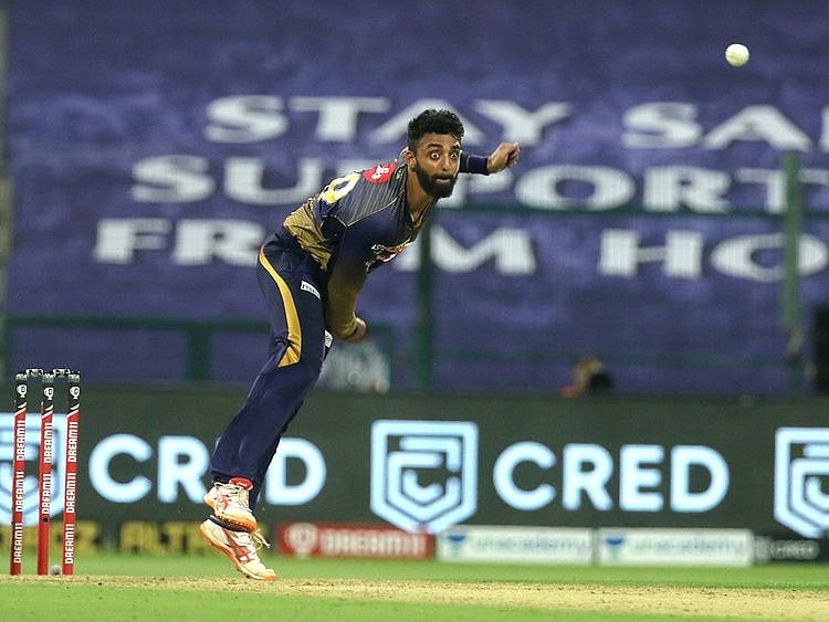 Varun Chakaravarthy of Kolkata Knight Riders bowls during the match. 