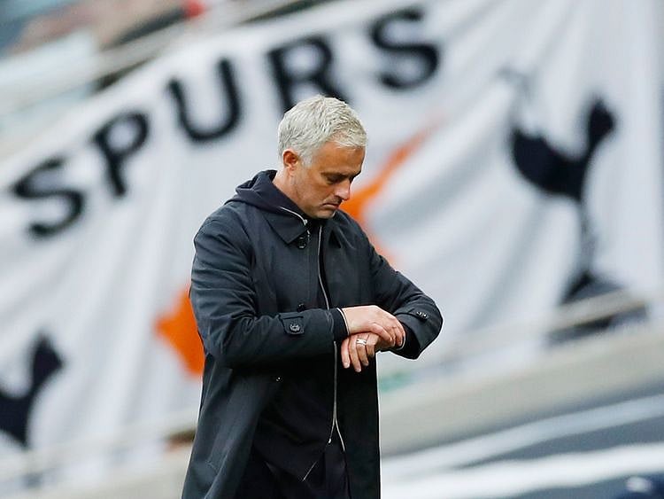  Tottenham Hotspur manager Jose Mourinho checks his watch at the end of the match against Newcastle.