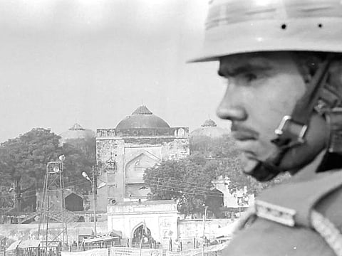 A file picture of Babri Mosque just before it was demolished on December 6, 1992.