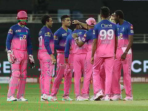 Rajasthan Royals players in a huddle during their campaign in IPL 2020 in the UAE.