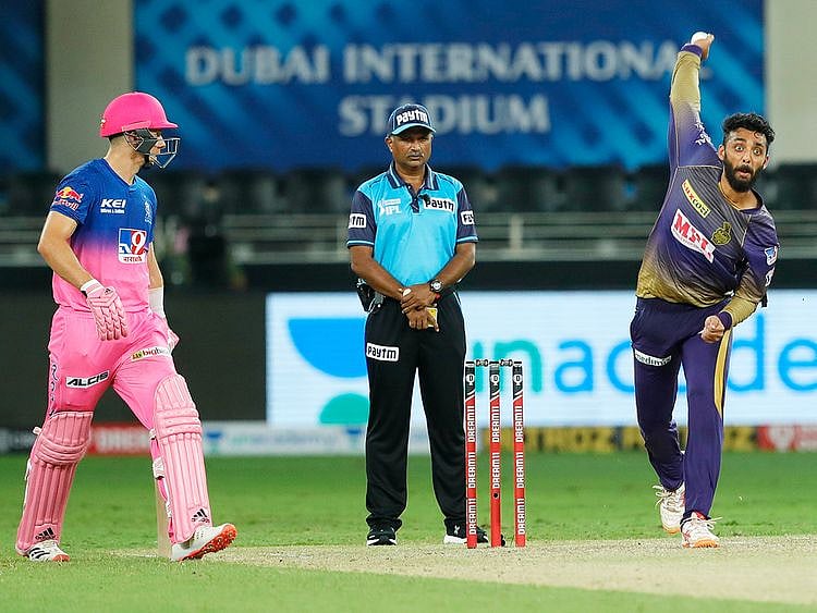 Varun Chakaravarthy of Kolkata Knight Riders bowls. 