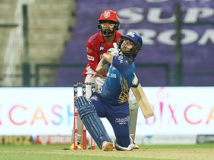 Ishan Kishan of Mumbai Indians hits a six. 