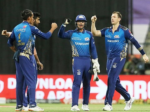 Mumbai Indians players celebrate the wicket of Glenn Maxwell of Kings XI Punjab. 