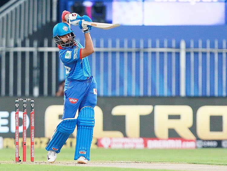 Prithvi Shaw of Delhi Capitals hits a straight drive.  