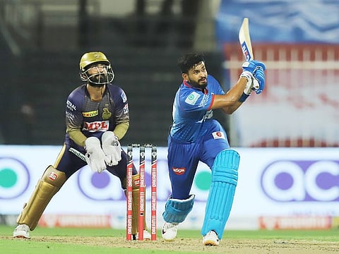 Shreyas Iyer, captain of Delhi Capitals, hits a six during Kolkata Knight Riders in Sharjah.