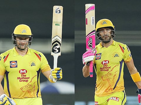 Chennai Super Kings' openers Shane Watson and Faf du Plessis after reaching their half centuries against the Kings XI Punjab in the IPL 2020 game in Dubai on October 4, 2020.