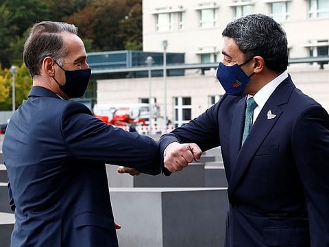  Sheikh Abdullah bin Zayed, UAE Minister of Foreign Affairs and International Cooperation and Israel's Foreign Minister Gabi Ashkenazi bumped elbows in line with precautionary measures amid COVID-19. 