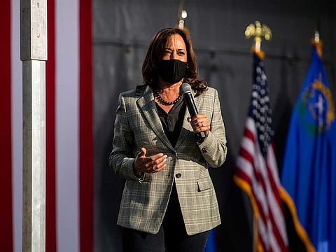Sen. Kamala Harris speaks at a campaign event in Las Vegas, Oct. 2, 2020. Vice-presidential debates can often be afterthoughts in a presidential race, but Mike Pence and Harris will now face an unusual amount of scrutiny, and a tricky balancing act in dealing with the virus. 
