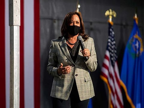 Sen. Kamala Harris speaks at a campaign event in Las Vegas, Oct. 2, 2020. Vice-presidential debates can often be afterthoughts in a presidential race, but Mike Pence and Harris will now face an unusual amount of scrutiny, and a tricky balancing act in dealing with the virus. 