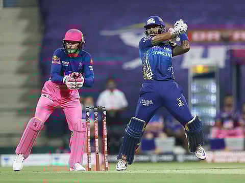 Suryakumar Yadav of the Mumbai Indians square cuts against the Rajasthan Royals during IPL 2020 in Abu Dhabi on October 6, 2020.