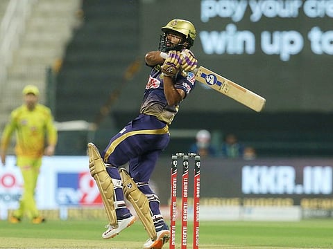Rahul Tripathi of the Kolkata Knight Riders hooks against the Chennai Super Kings during the IPL 2020 match in Abu Dhabi on October 7, 2020.