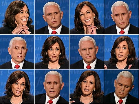 This combination of pictures created on October 07, 2020 shows US Democratic vice presidential nominee and Senator from California Kamala Harris and US Vice President Mike Pence during the vice presidential debate in Kingsbury Hall at the University of Utah on October 7, 2020, in Salt Lake City, Utah. 