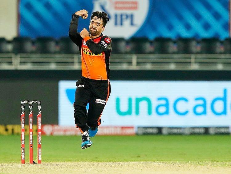 Rashid Khan of Sunrisers Hyderabad bowls during the match. 