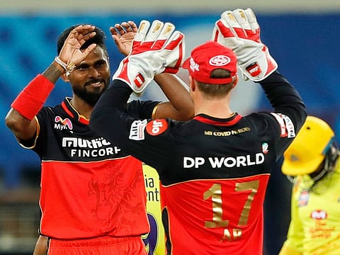 Isuru Udana of Royal Challengers Bangalore celebrates the wicket of Ambati Rayudu of Chennai Superkings. 