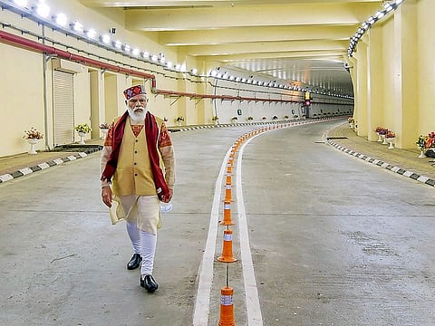 Prime Minister Narendra Modi at Atal Tunnel, Rohtang on October 3, 2020. It is the longest highway tunnel in the world built at an altitude of 3000 meters. The 9.02 Km long tunnel connects Manali to Lahaul-Spiti valley.