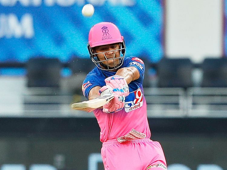 Riyan Parag of Rajasthan Royals plays a shot. 