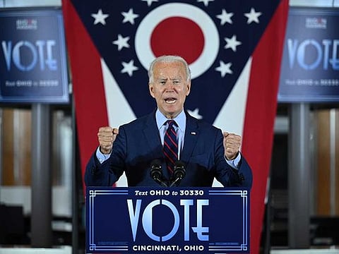 Democratic Presidential candidate and former Vice President Joe Biden delivers remarks at a voter mobilization event in Cincinnati, Ohio, on October 12, 2020. 