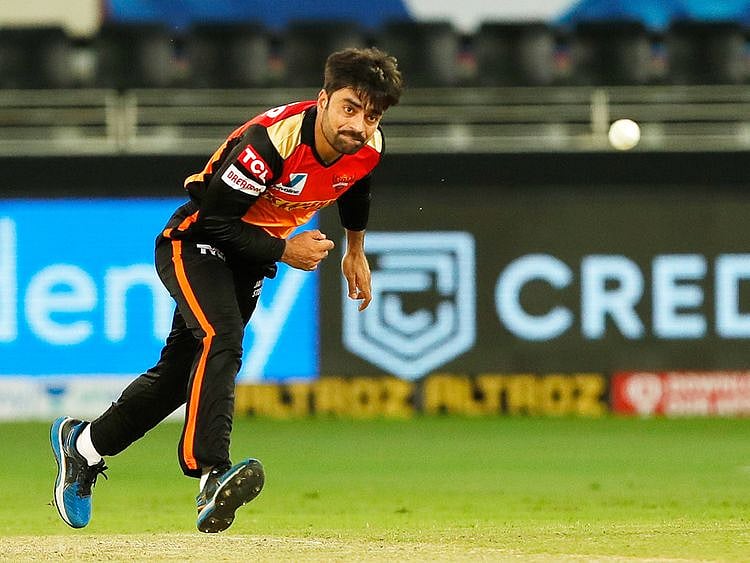 Rashid Khan of Sunrisers Hyderabad bowls during the match. 