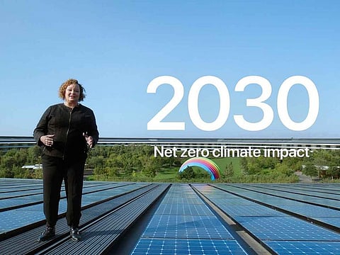 Apple's vice president of Environment, Policy and Social Initiatives Lisa Jackson speaks about environmental policies during an Apple event at Apple Park in Cupertino, California