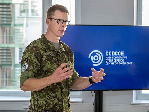 Jaak Tarien speaks during a presentation at  the NATO Cyber Range CR14 center in Tallinn, Estonia.